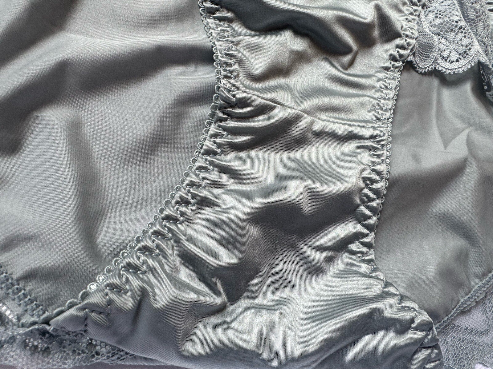Ice Silver Blue Silky Satin Lace Trim Hip Bikini Brief Panties Sz Med