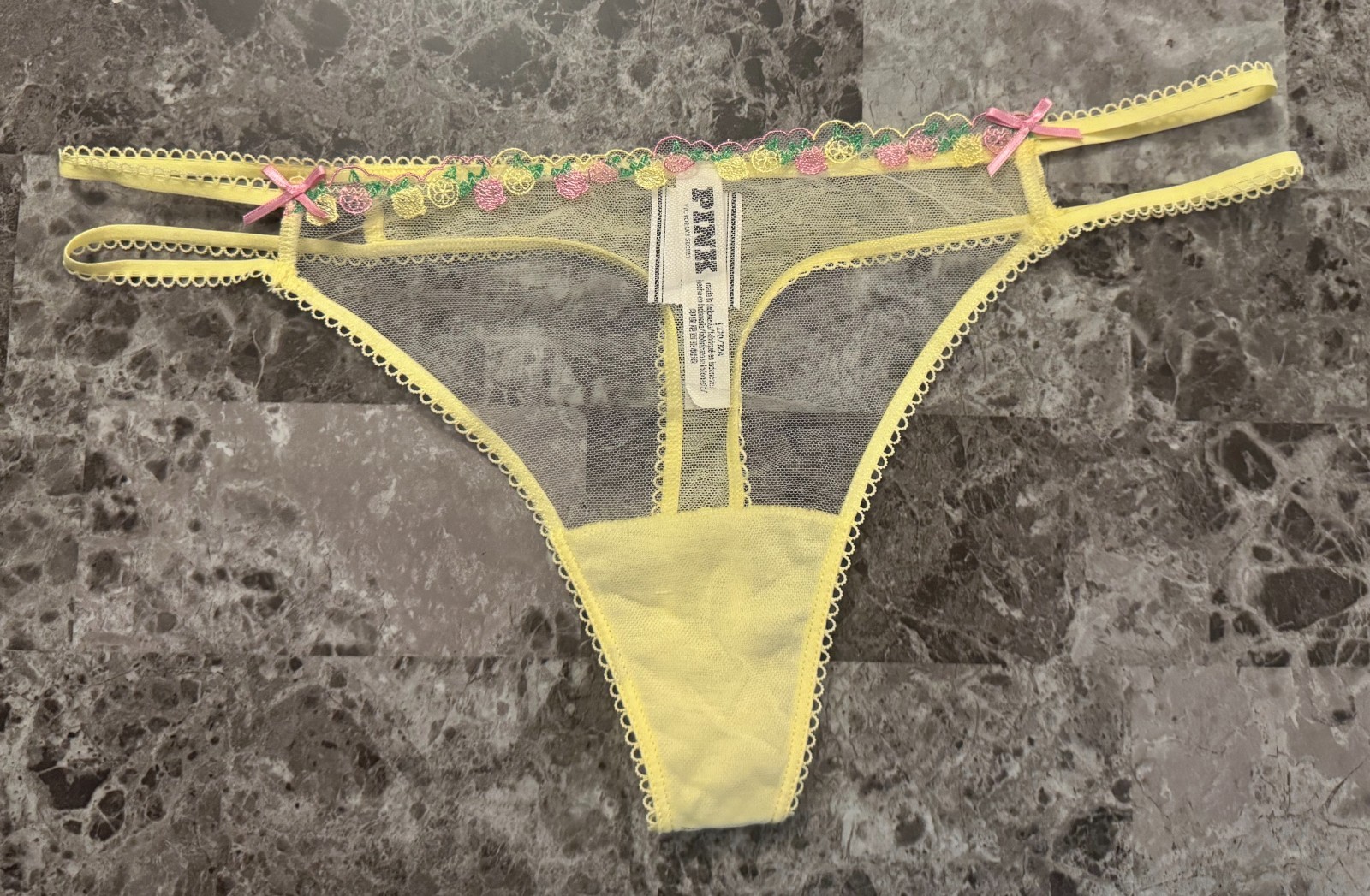 VICTORIA’S SECRET PINK YELLOW MESH PICOT EMBROIDERED LEMON STRAPPY THONG PANTIES