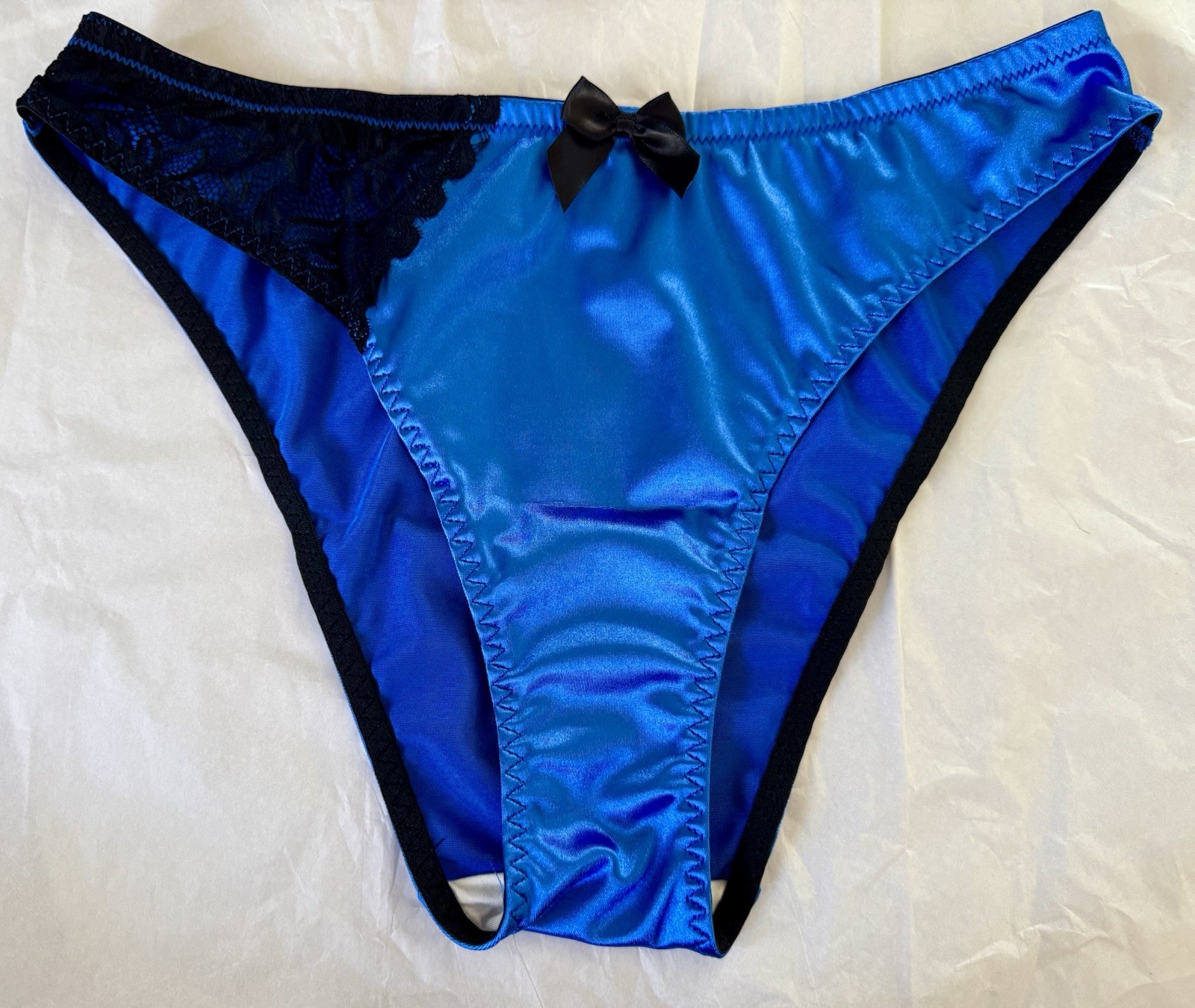 Elegant Shiny Royal Satin Blue Bikini Panties Black Lace Hip Plus Size 1XL