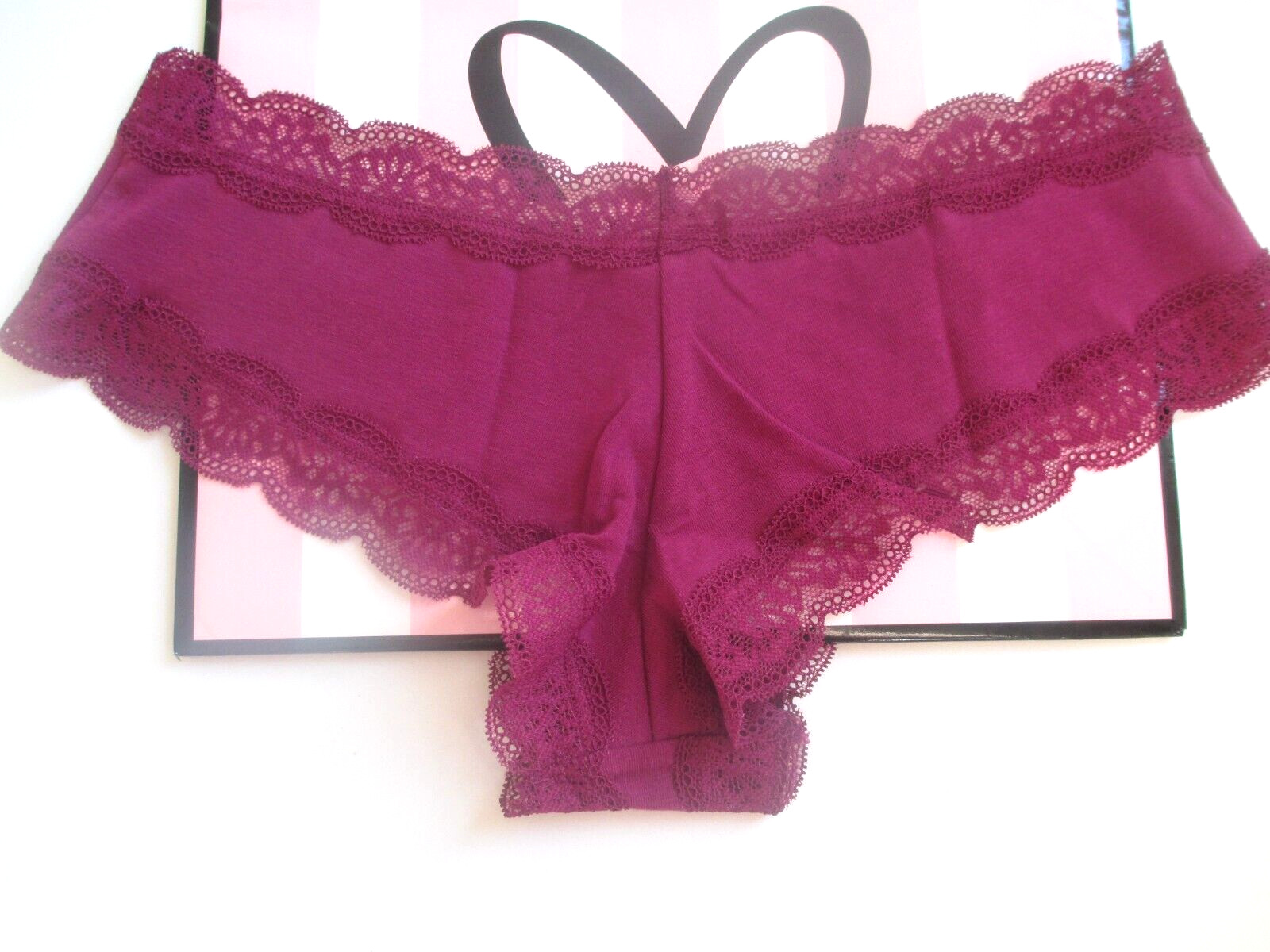 VICTORIA’S SECRET PINK Cotton Cheeky Panty L Rich Maroon NWT Purple VS Lace Trim