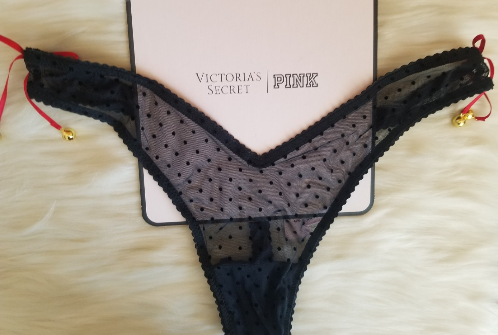 VICTORIA’S SECRET JINGLE BELLS MESH HIGH CUT LEG THONG PANTY LARGE BLACK NWT