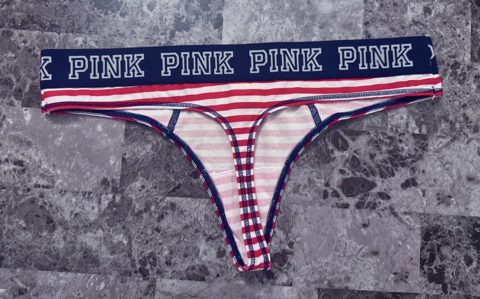 NWT VICTORIA’S SECRET PINK L RED STRIPE NAVY BLUE THICK BAND RARE THONG PANTIES
