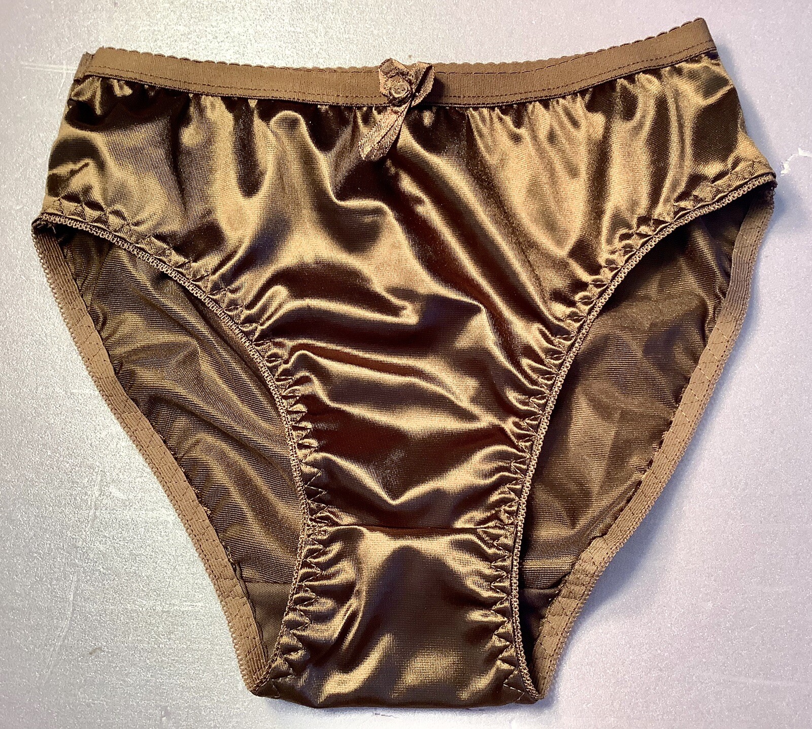 Women Panties Bikinis ANN DIANE Size XL. Brown Shiny Satin Soft W/decoration