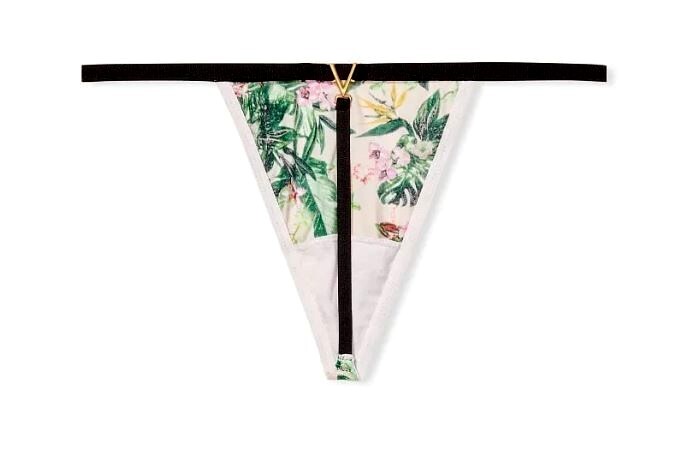 Victorias Secret Floral V-String Thong Size L-XL Love By V Logo Back Silky Front