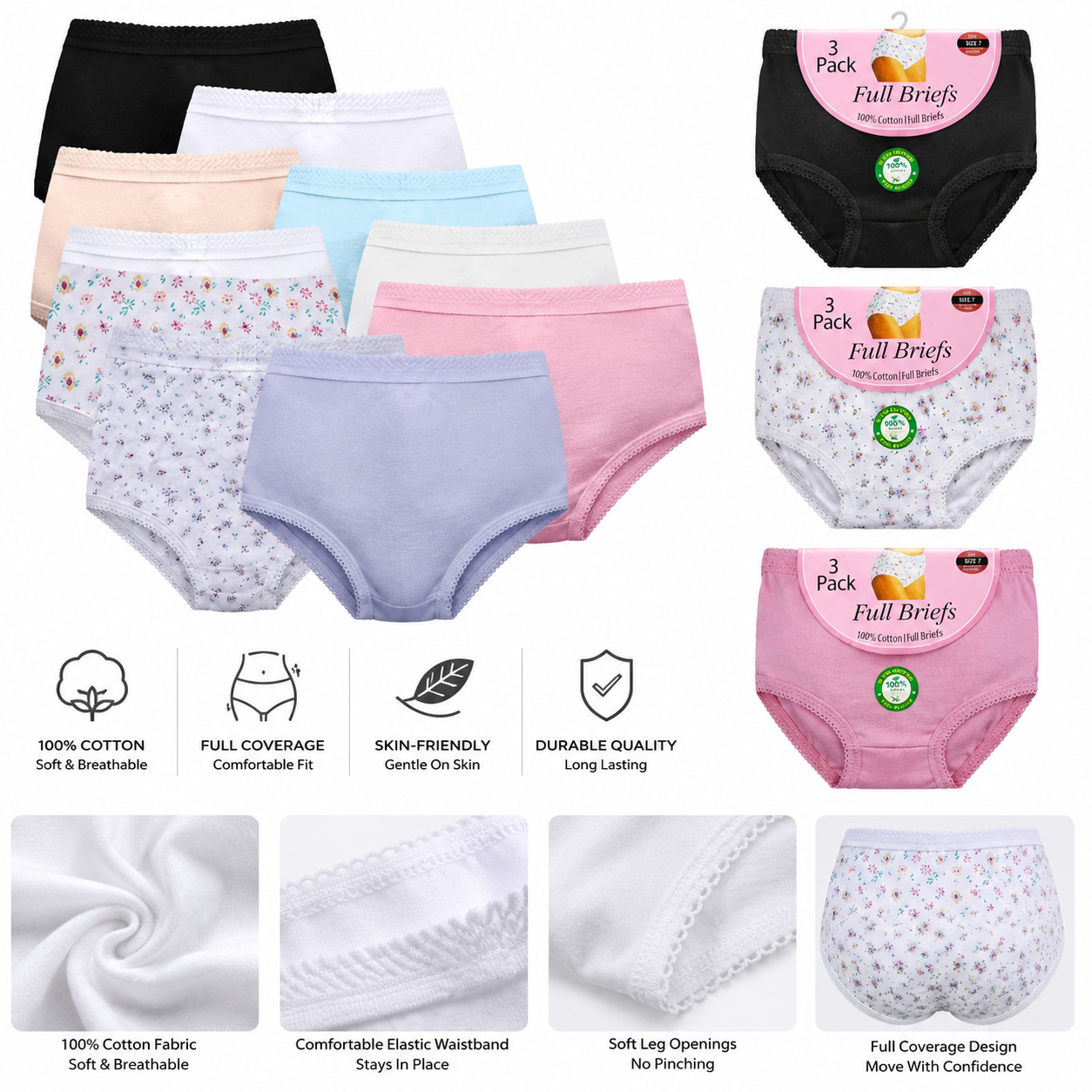 Women’s 3 Pack 100% Cotton Full Mama Briefs Soft Comfortable Knickers Underwear