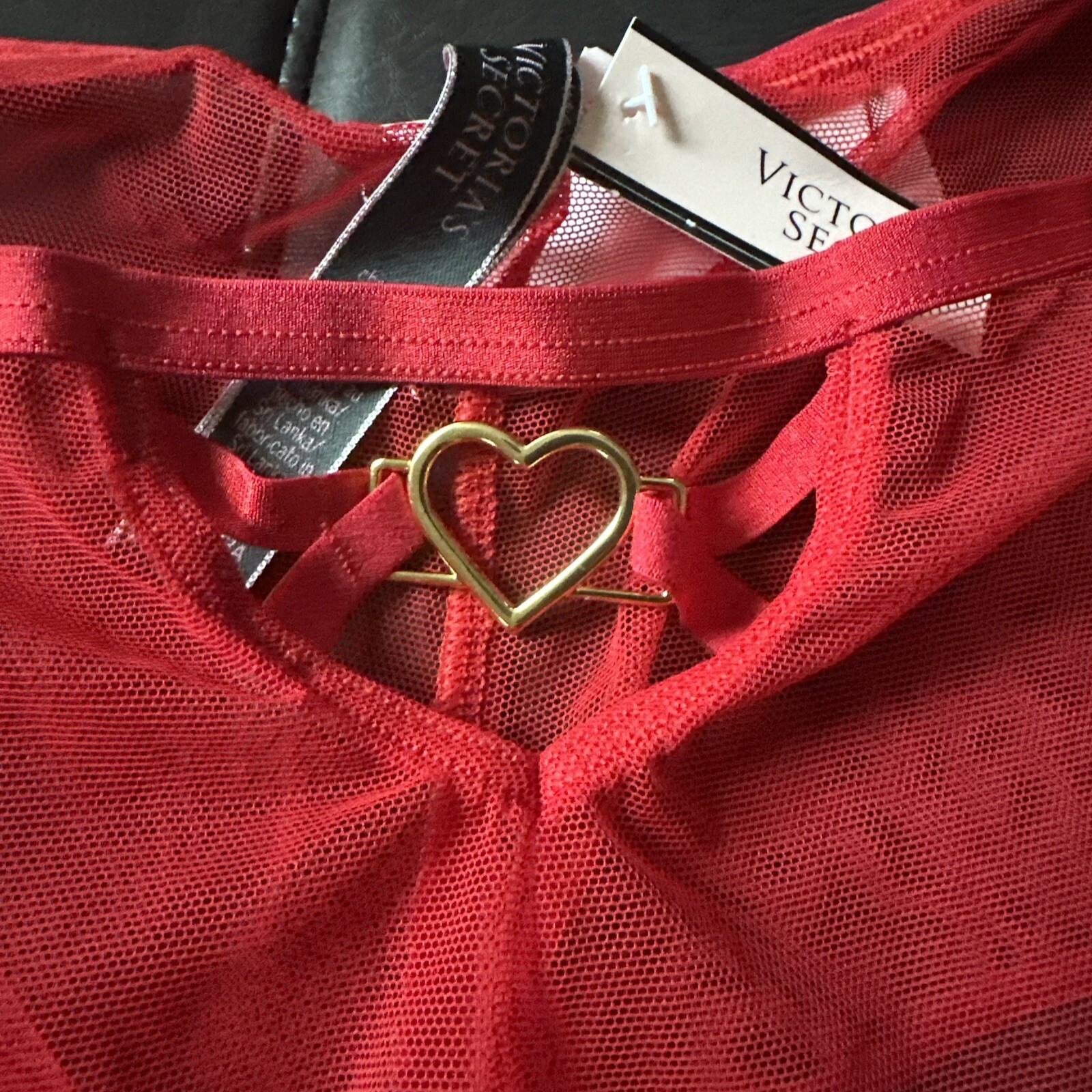 Victorias Secret Red Lace Sheer Mesh Cheeky Panty Gold Heart Charm Sz Medium NWT