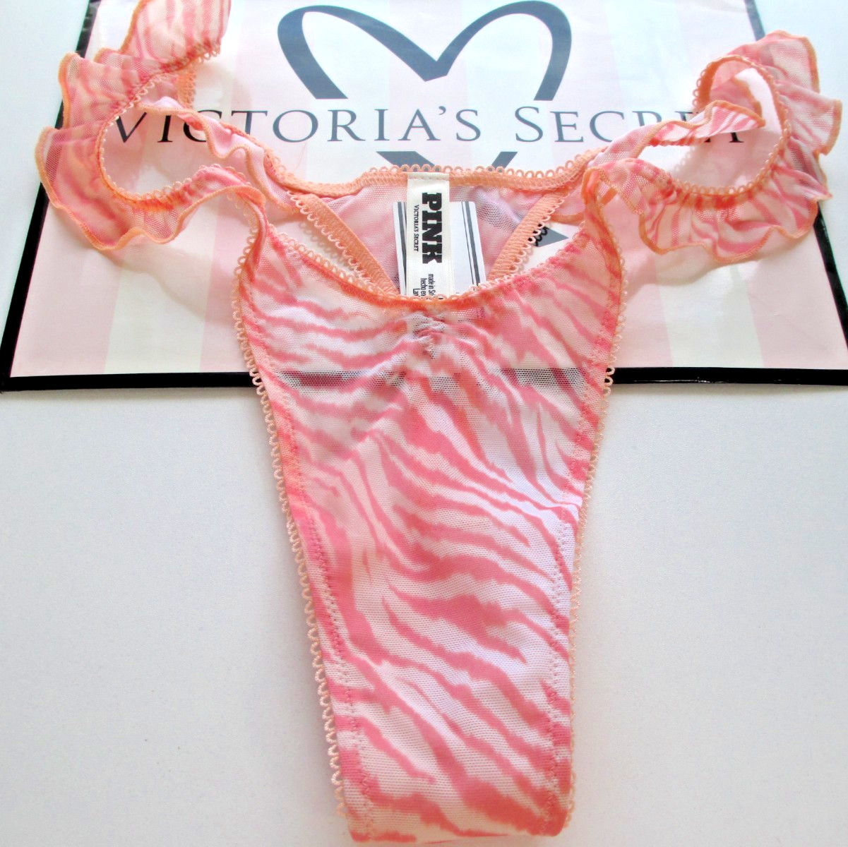 VICTORIA’S SECRET PINK Thong Panty S M L XL Orange Zebra NWT Flutter VS Ruffle