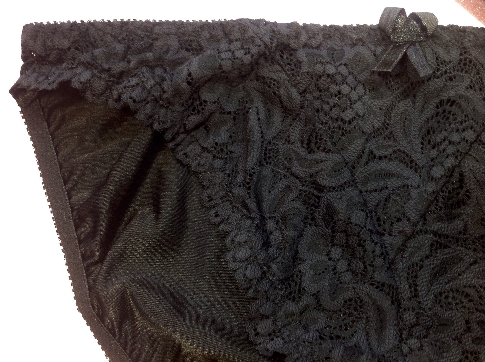 Women Panties,Bikinis ILUSION Size L. Black Fishnet&Satin Floral W/ Decoration