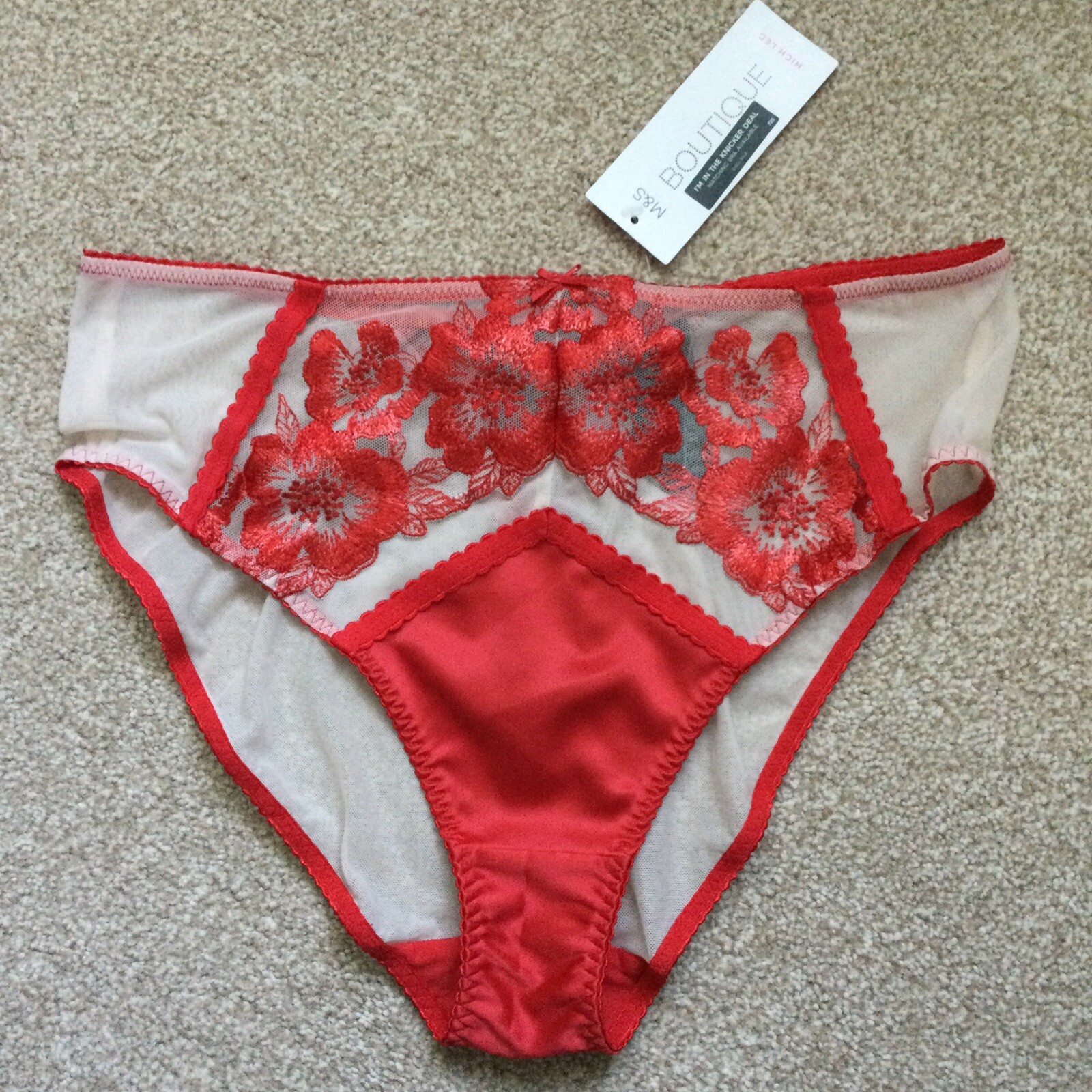 M&S Size 10 Boutique Layla Embroidered High Leg Knickers Red Cream Satin Mesh