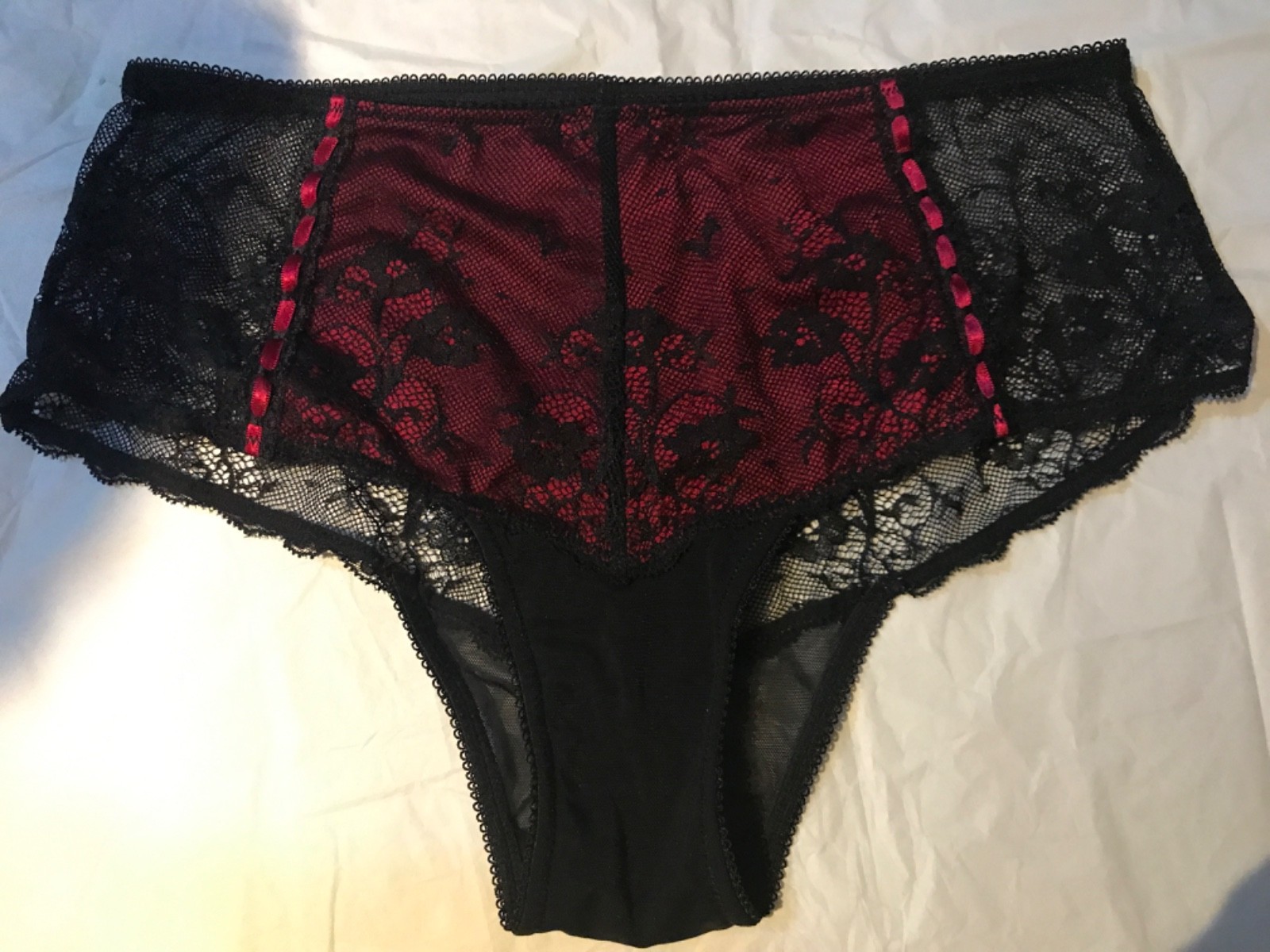 New BLACK RED lace front sheer back brief new uk 10 new