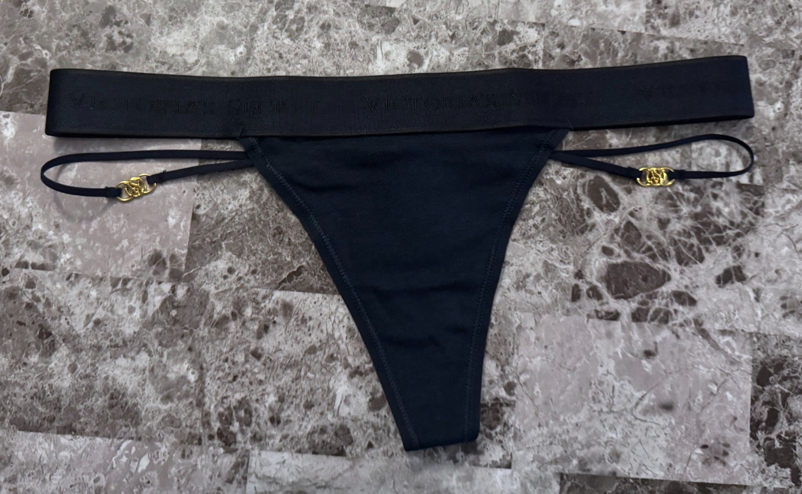 VICTORIA’S SECRET DARK NAVY BLUE STRAPPY GOLD HARDWARE THICK BAND THONG PANTIES