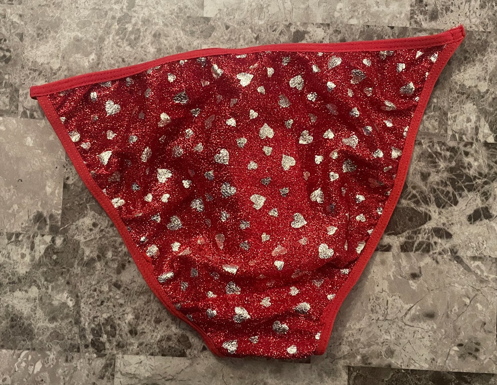 RENE ROFE RED SILVER HEART SHIMMER VINTAGE RARE STRING BIKINI PANTIES RUN SMALL