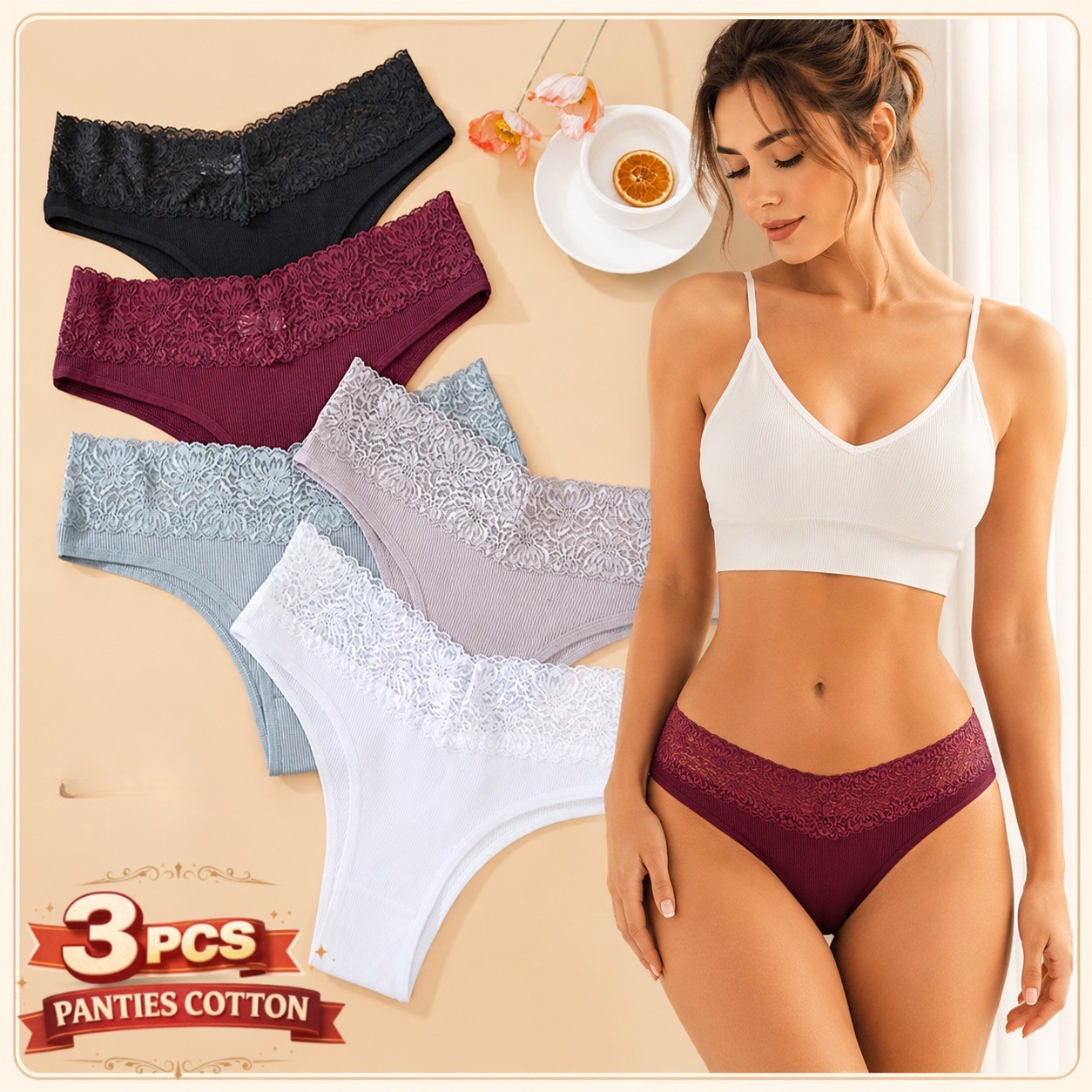 3PCS Brazilian Panties for Women Lace Low Rise Soft Briefs