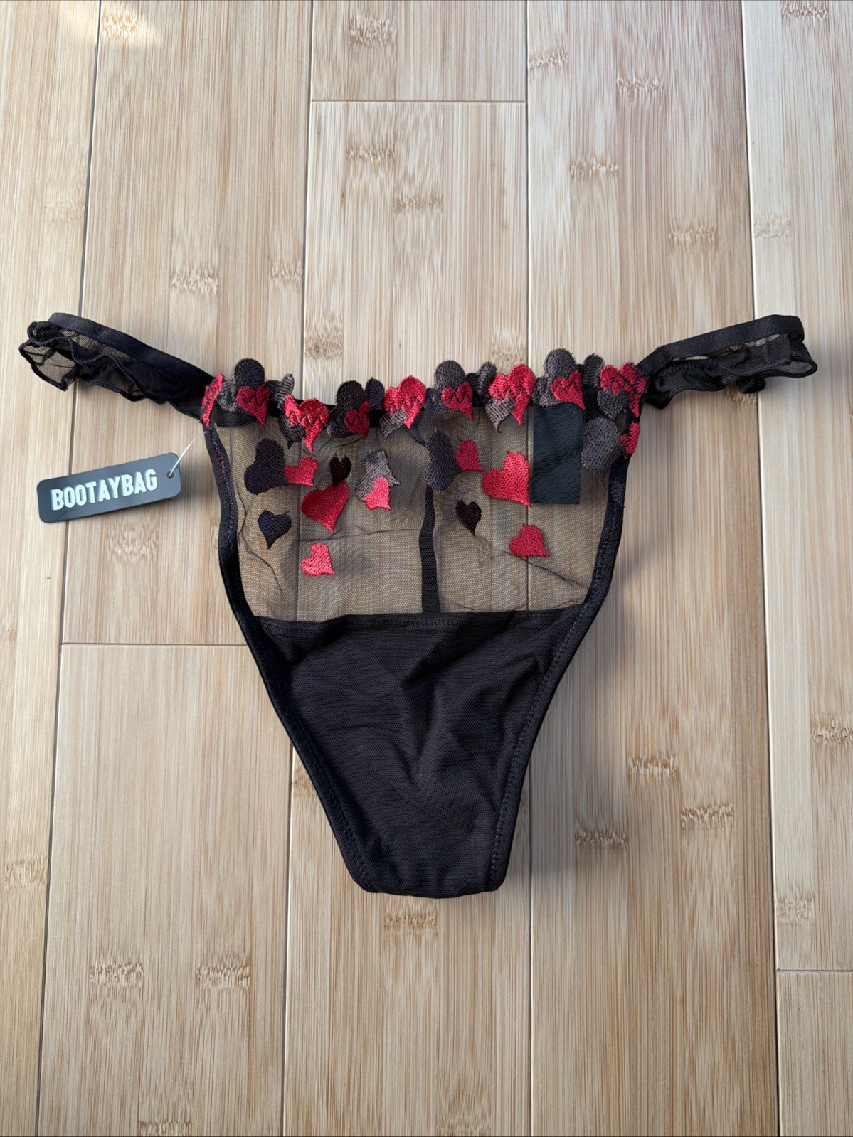NWT Bootaybag Brown Heart Mesh Thong Panty Valentines Day Size M 160224-BRN