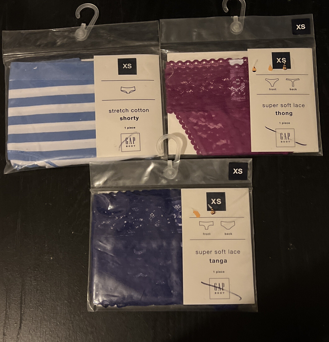 Gap Panties Lot Of 3 Size XS Shorty, Thong, Tanga, Stripes, Purple, Burgundy