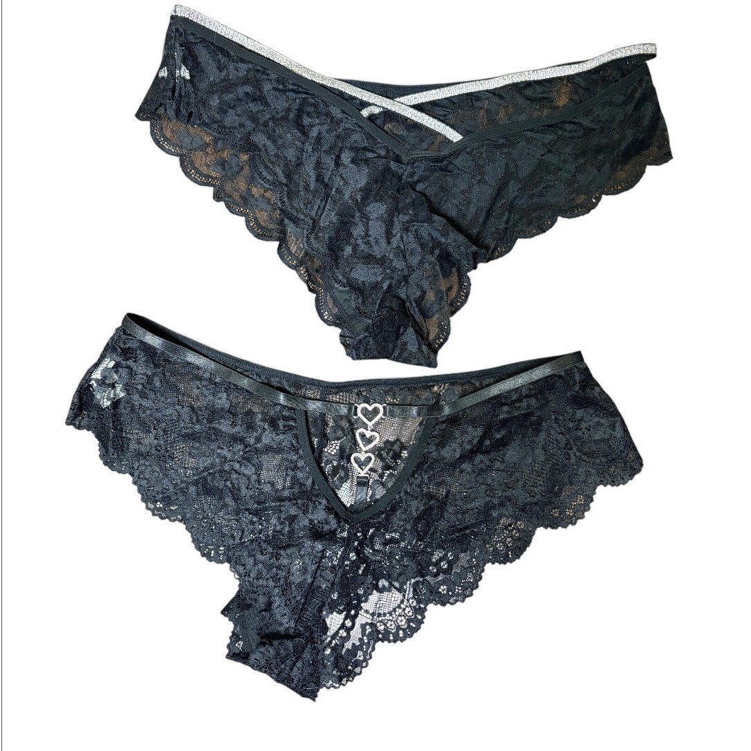 Lace Panty Set Womens 3XL Black NWOT Rhinestone Heart Glitter Strappy