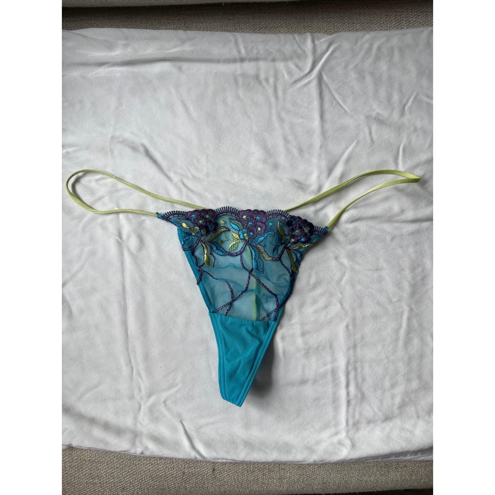 NWOT Daisy Fuentes Turquoise Embroidered Mesh Thong Panty – Size L