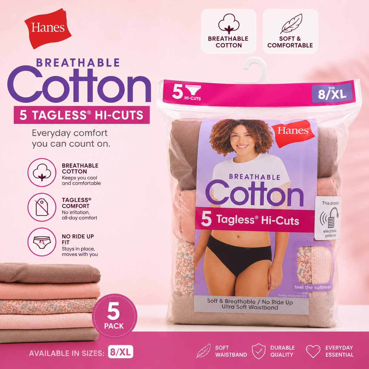 Hanes Cool Comfort Cotton Womens Hi-Cut Panties 5 pack Multi Colored Size 8 XL
