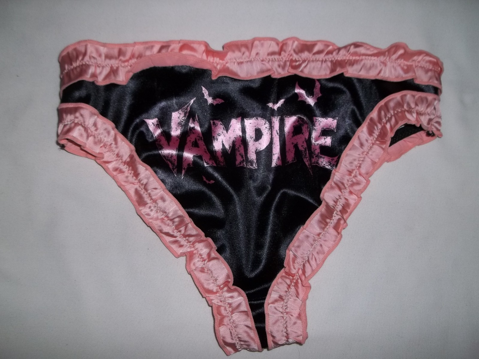 Shein ruffle trim satin vampire rear graphic bikini panties S black w/pink goth