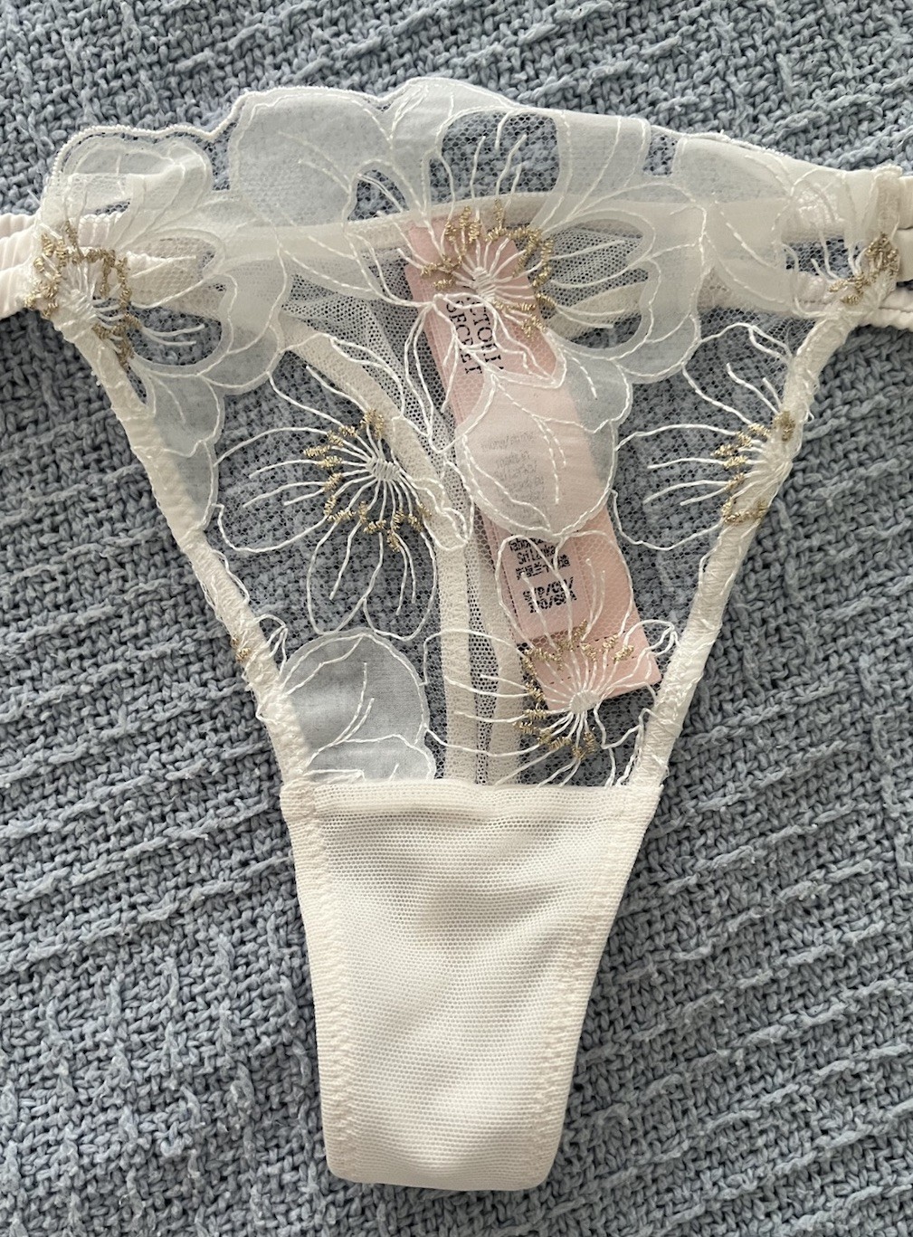 NWT Victoria’s Secret Double Strap Lace Mesh Thong Panty White Gold Bridal Small