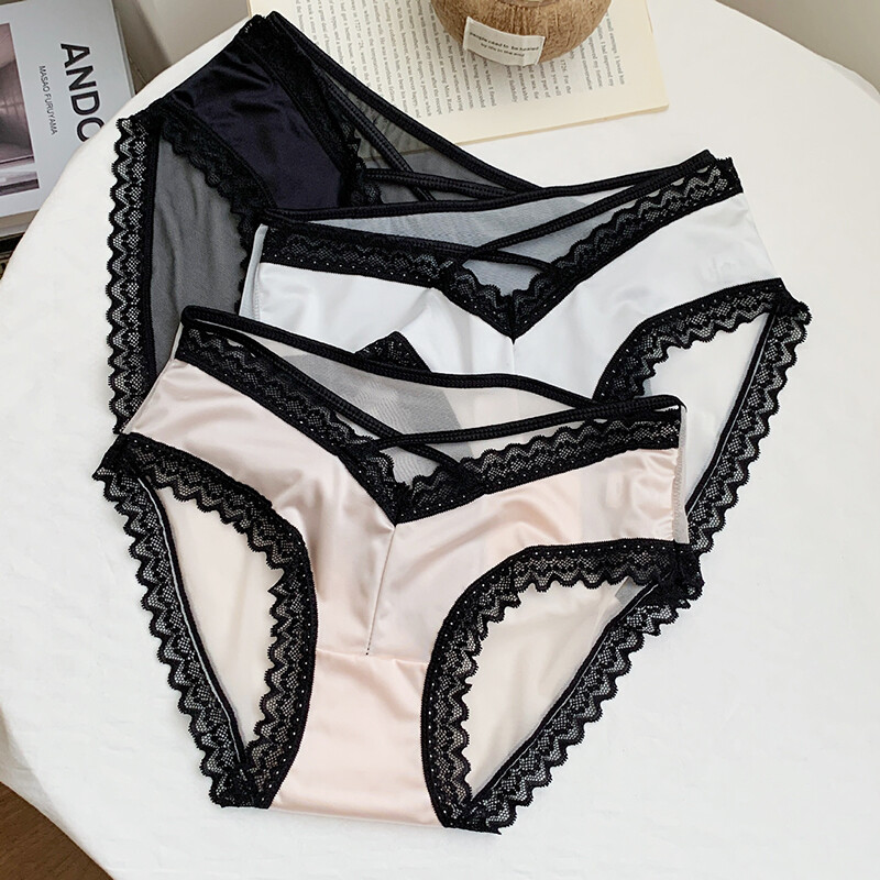 3 Pack Lot Sexy Womens Satin Panties Sheer LaceTrim Briefs Lingeries