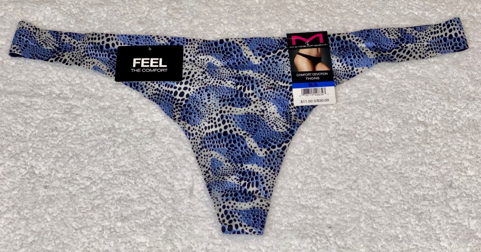 MAIDENFORM Comfort Devotion Tailored Crystal Animal Blue Thong Panty Womens XL 8