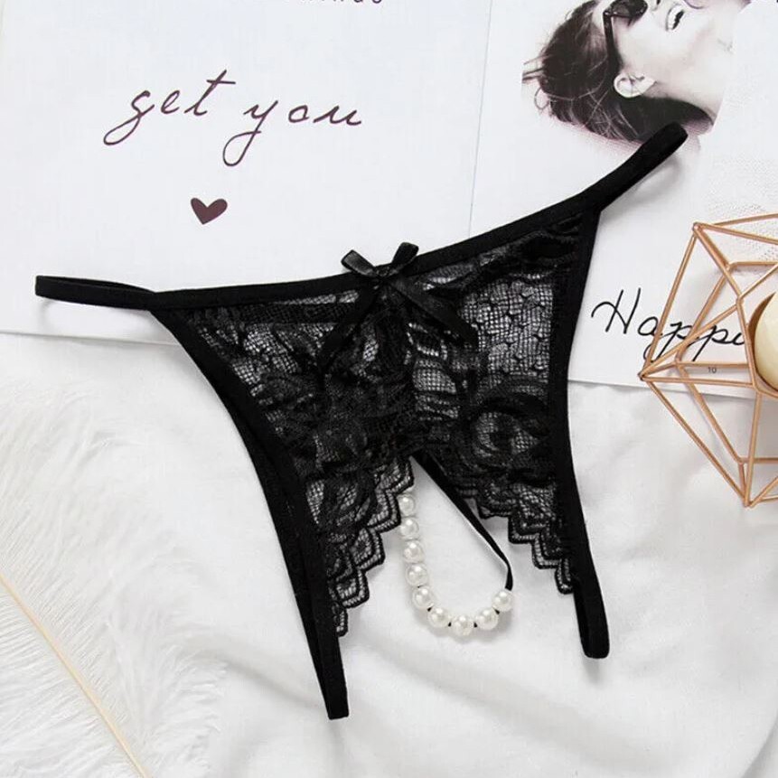 Women Lace Crotchles Thong G-string Pearl Panties Lingerie Underwear T-back