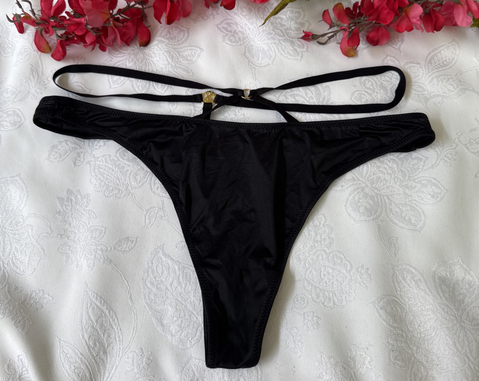 VICTORIA’S SECRET L BLACK VERY SEXY CUT OUT STRING THONG STRAPPY SILKY PANTIES