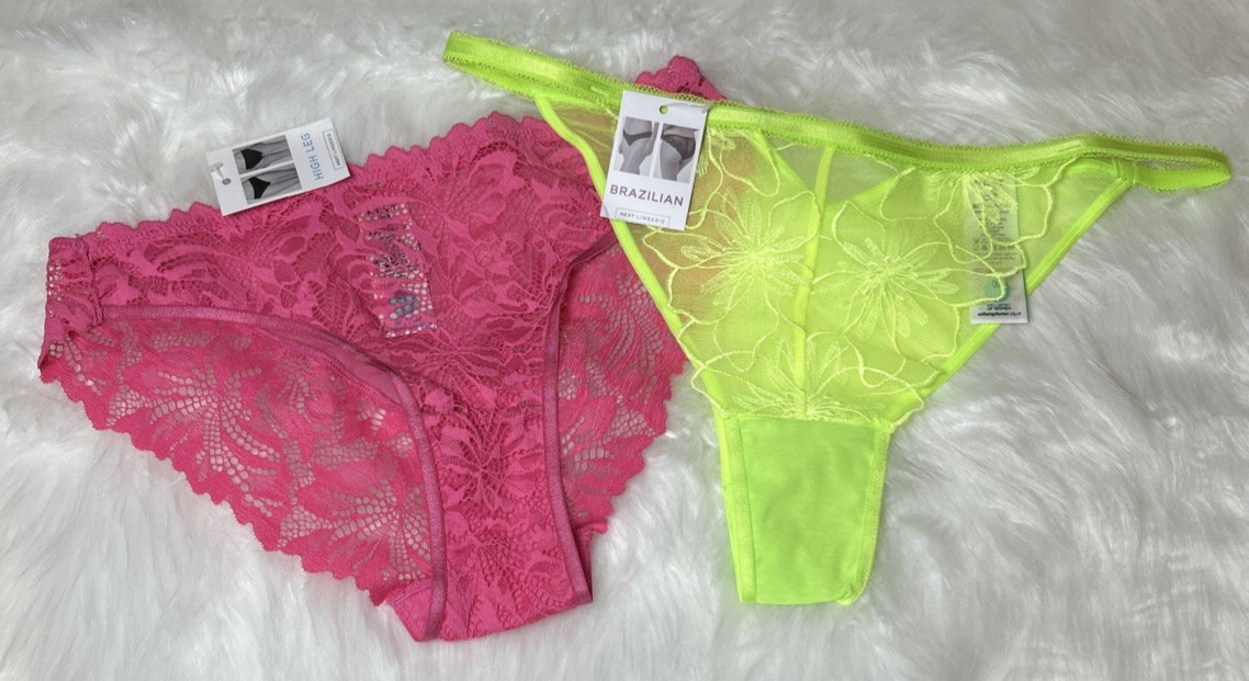 NEXT SET – HIGH LEG LACE/ BRAZILIAN KNICKERS – 2 PCS – UK8 – GREEN/ PINK