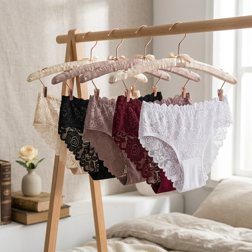 Women Hollow Lace Panties Floral Design Breathable Soft 5 Pack Set