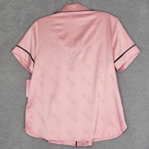 Shady Lady Top Womens Pajama Sleepwear Pink Button Silky Logo Collared XS New