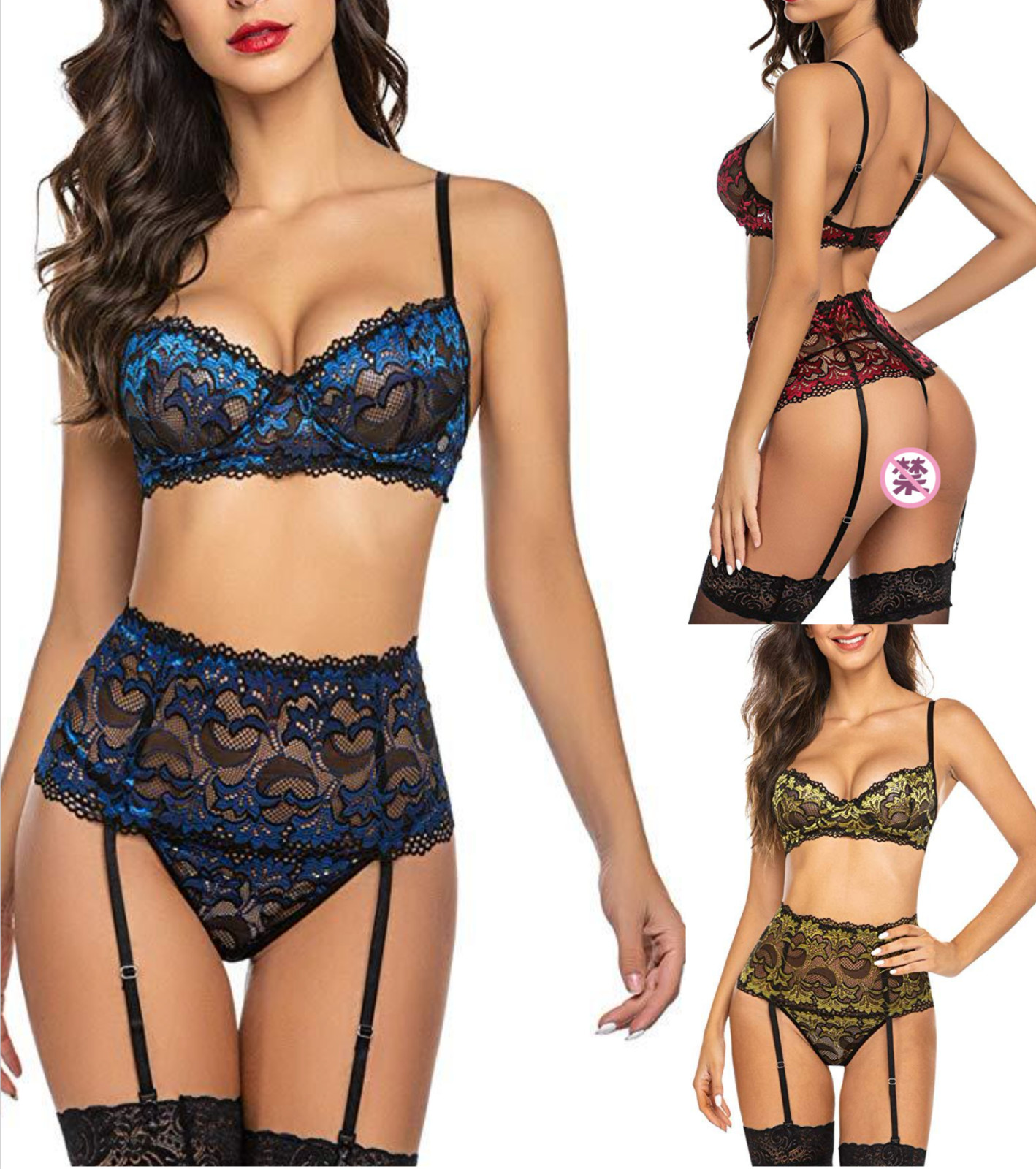 Women Sexy Lingerie Lace Stocking G-string Underwear Babydoll Nightwear 3PCS Set