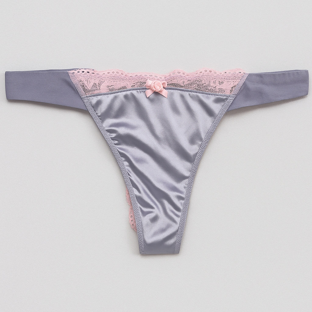 E et D S70043 Satin Thong Panties with Scalloped Lace Panels Floral Embroidery
