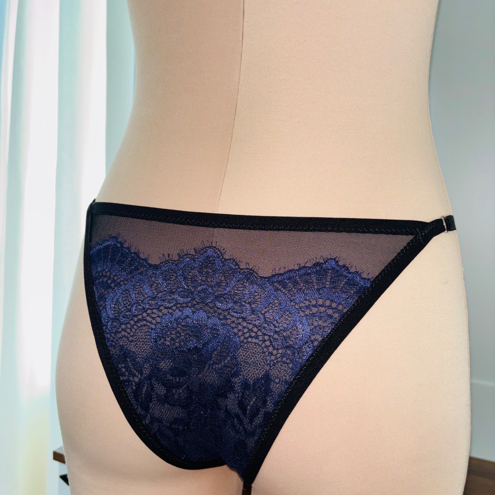BLUE Lace UNDERWEAR Set SHEER Black SISSY Mesh Vintage LINGERIE Bikini BRIEF S M