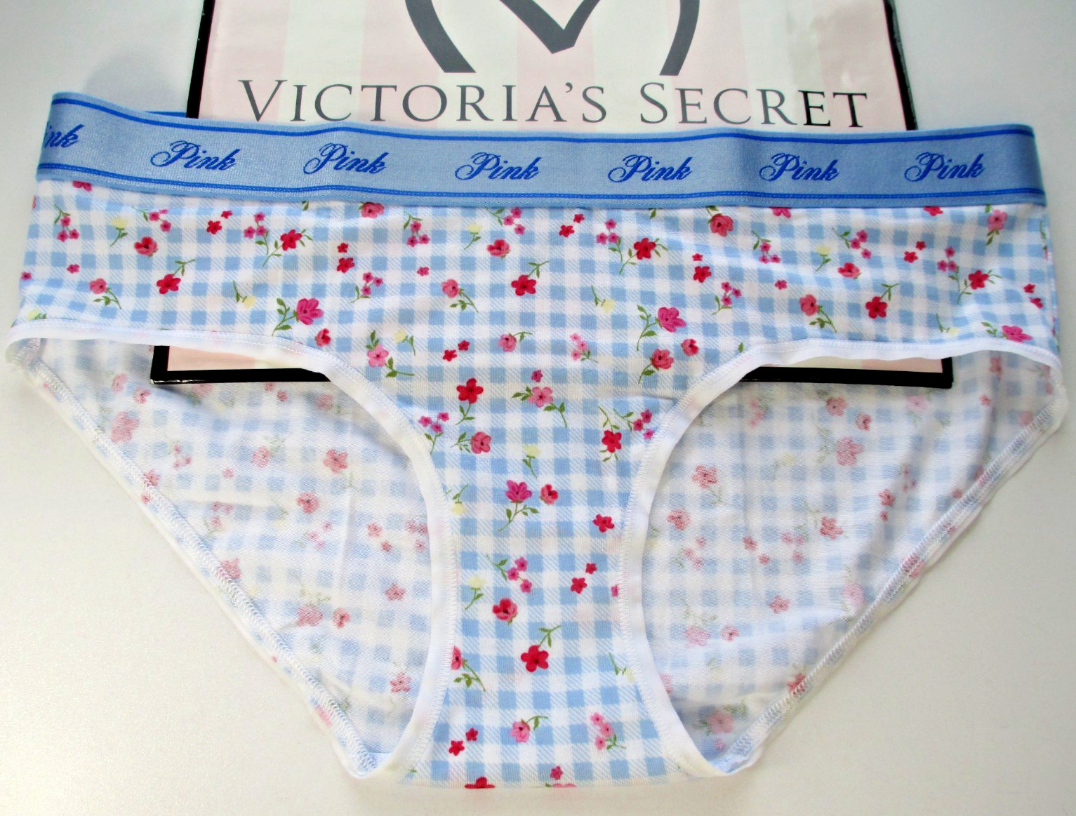 VICTORIA’S SECRET PINK Cotton Hiphugger Panty S M L XL Blue Gingham VS Logo Band
