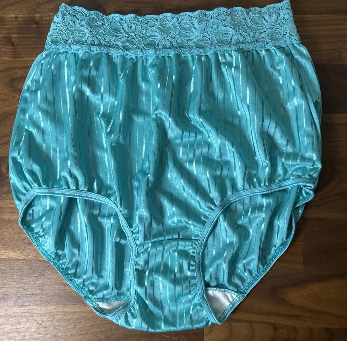 Vtg Panties sz 6 BESTFORM Second Skin satin Bright stripes brief lace Turquoise
