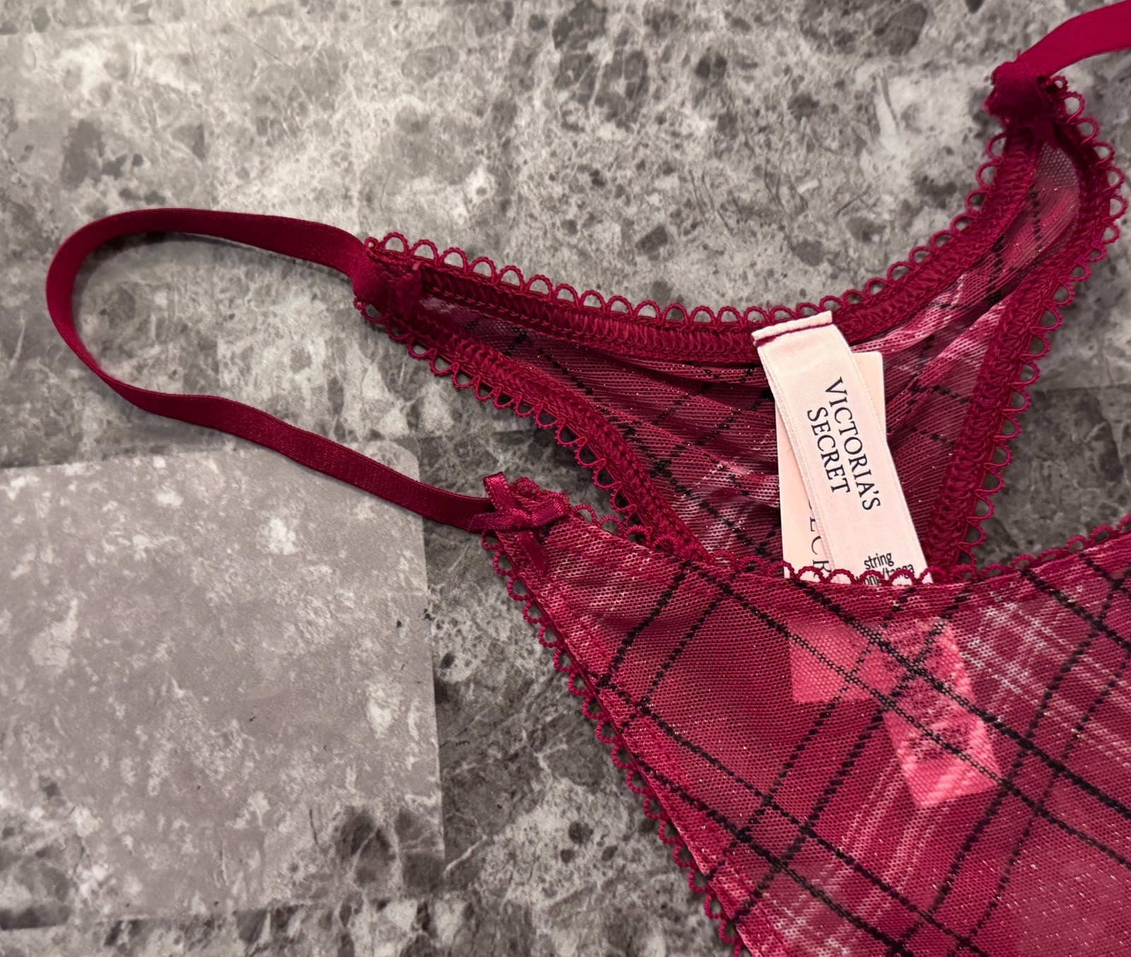NWT VICTORIA’S SECRET RED BLACK PINK PLAID GOLD SHIMMER MESH THONG PANTIES