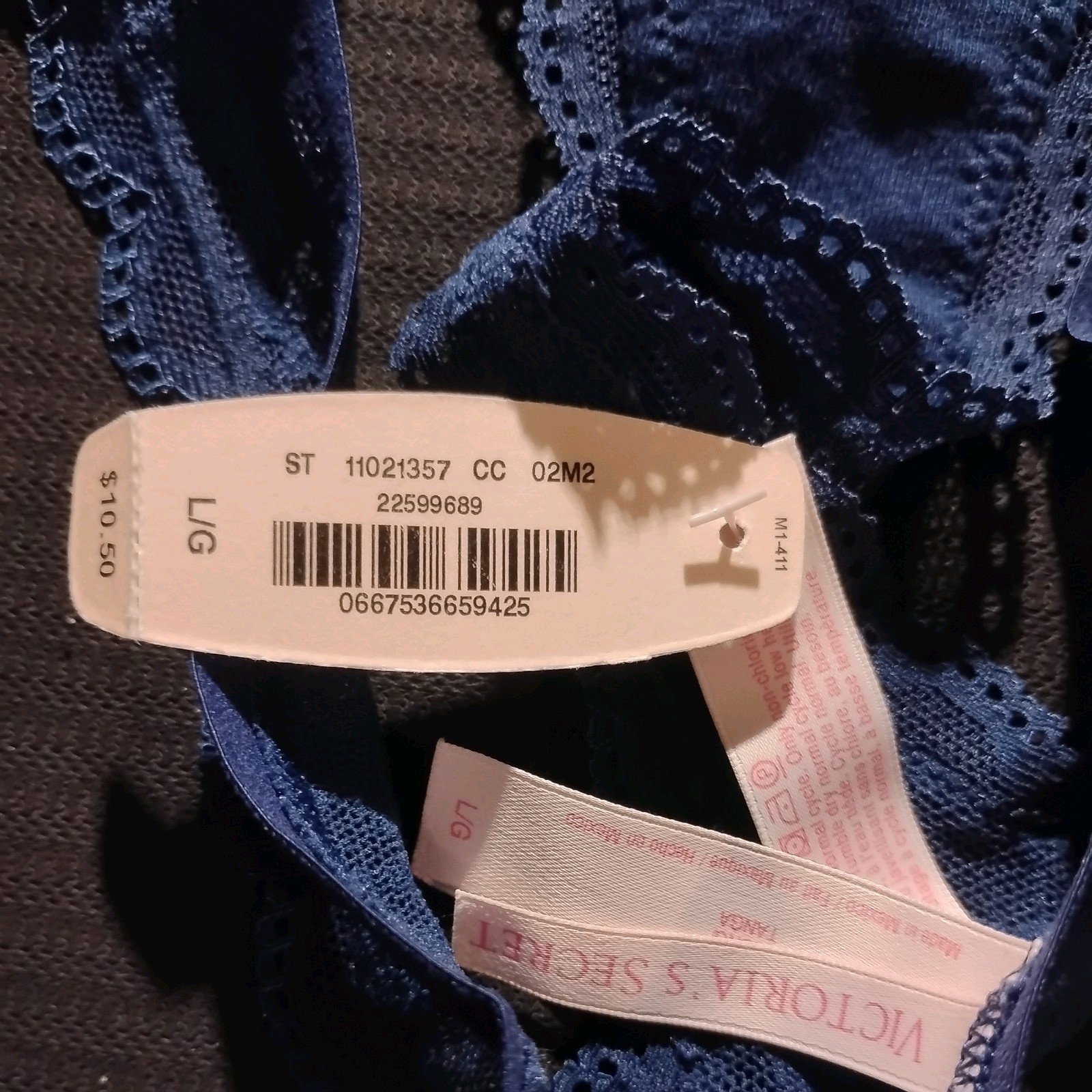 NWT Victoria’s Secret Navy Blue Lace Panties Thong Size Large Sheer Lace