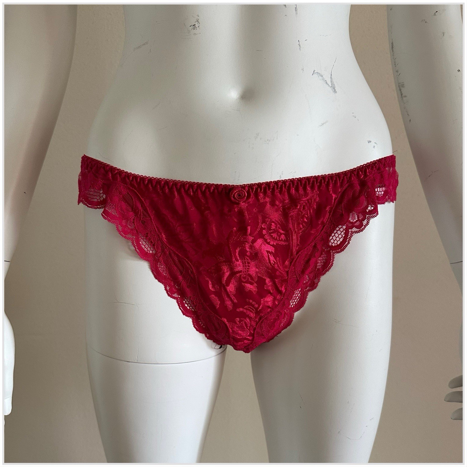 Victoria’s Secret Gold Label Red Satin Jacquard Bikini Panties Lace Trim Rose M
