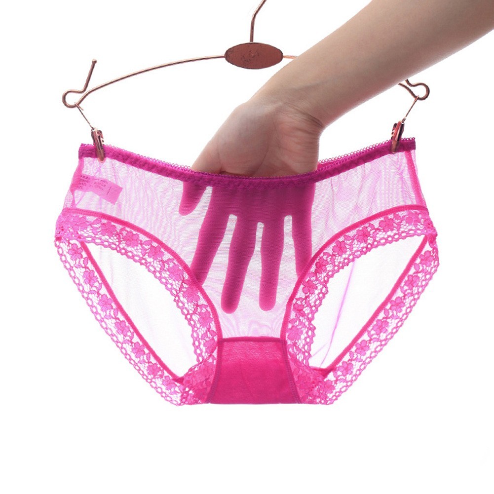 Womens Low Waist Transparent Lace Mesh Briefs Solid Color Nylon Spandex Blend