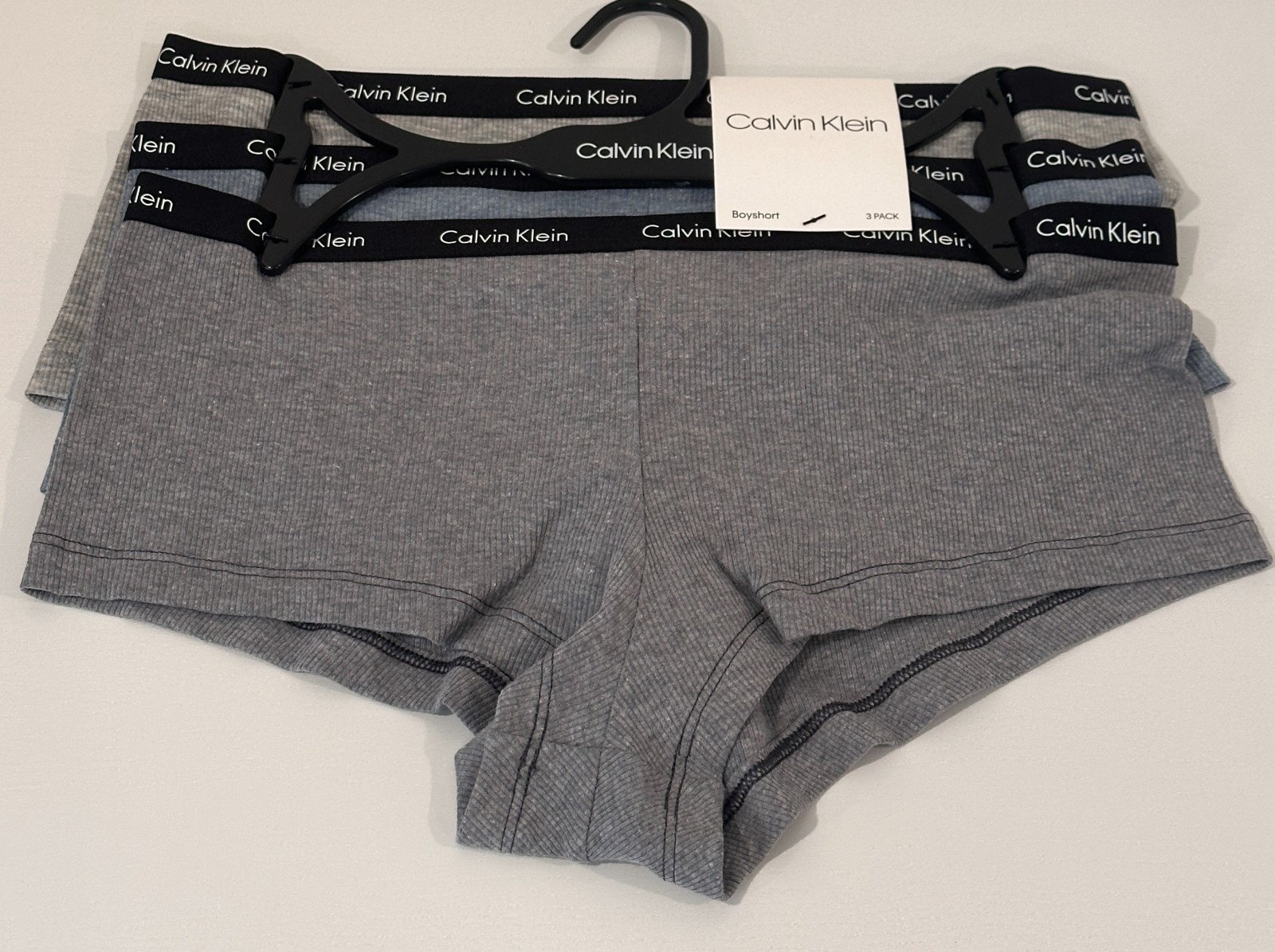 NWT Calvin Klein 3 Pack MEDIUM Rib Knit Boyshorts Women’s Grey Blue Dark Grey