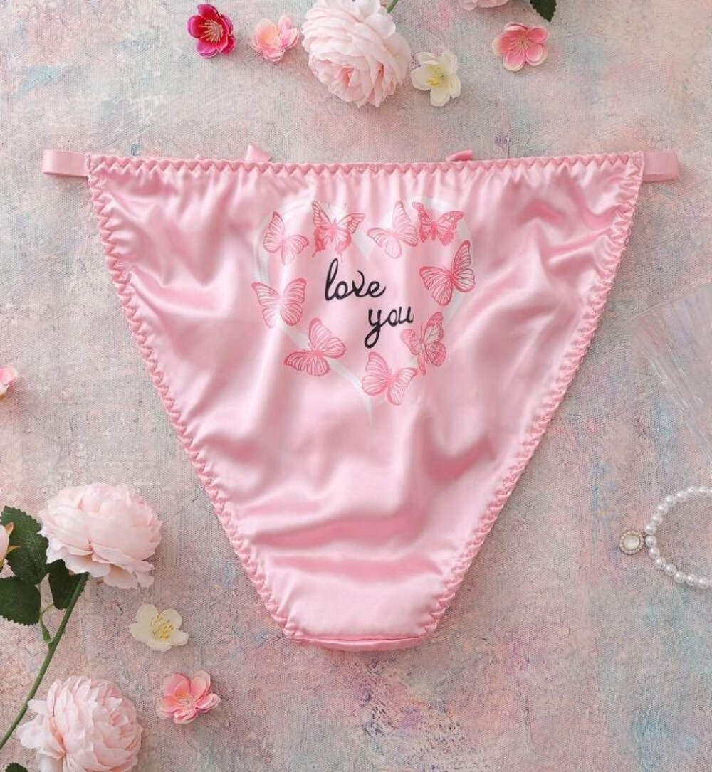 🌸Ladies Pink Satin Butterfly Knickers Love You Print tanga style size 2XL 20