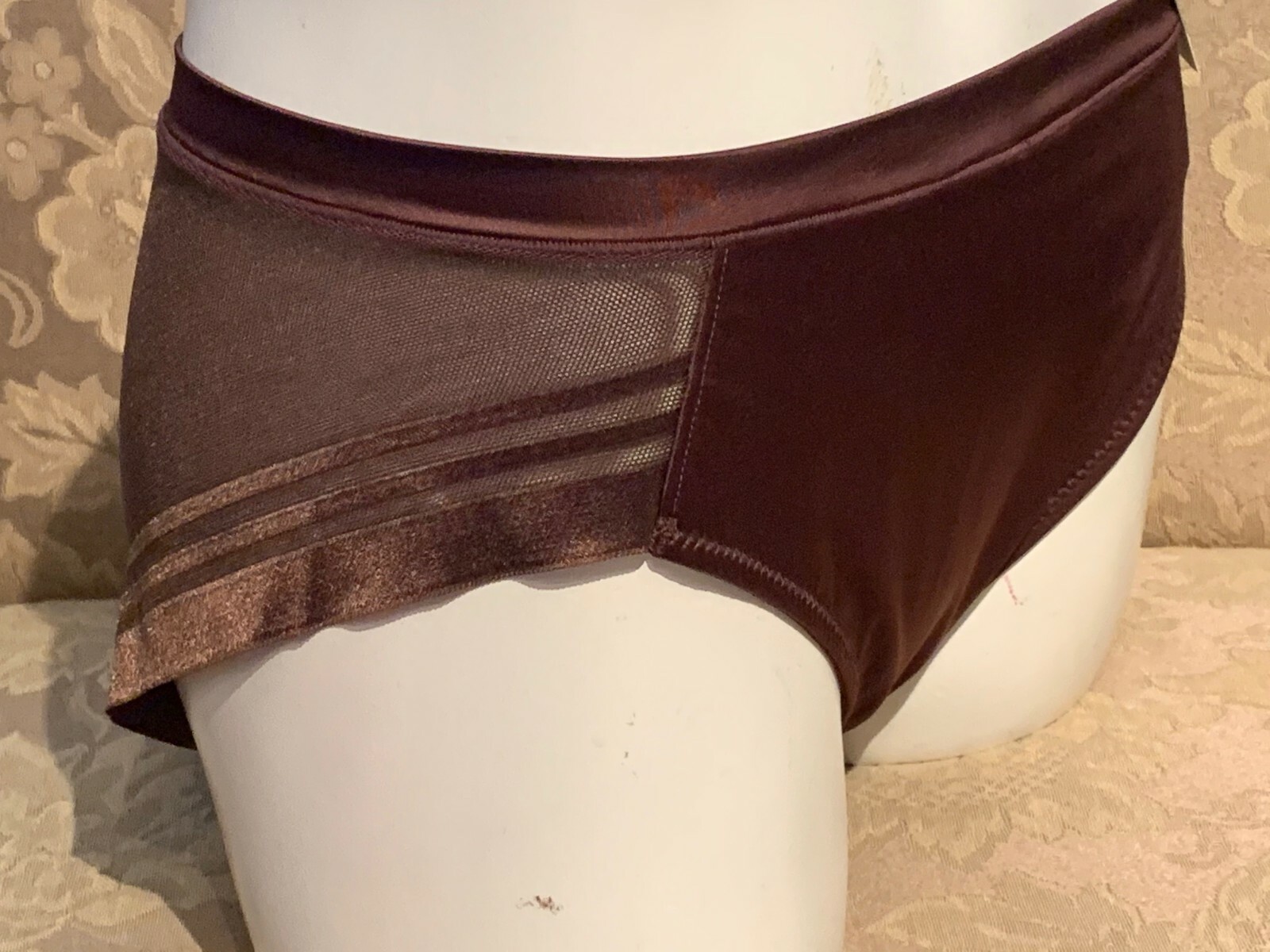 AMBRIELLE CHICKORY BROWN SATIN FRONT SHEER MESH BACK HICUT BRIEF PANTIES XL 8