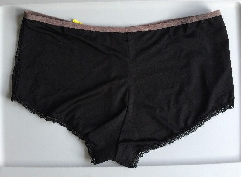 Womens Black Boyleg Panties Size 3X Solid Sexy Black Lace Insets Taupe Trim NWT