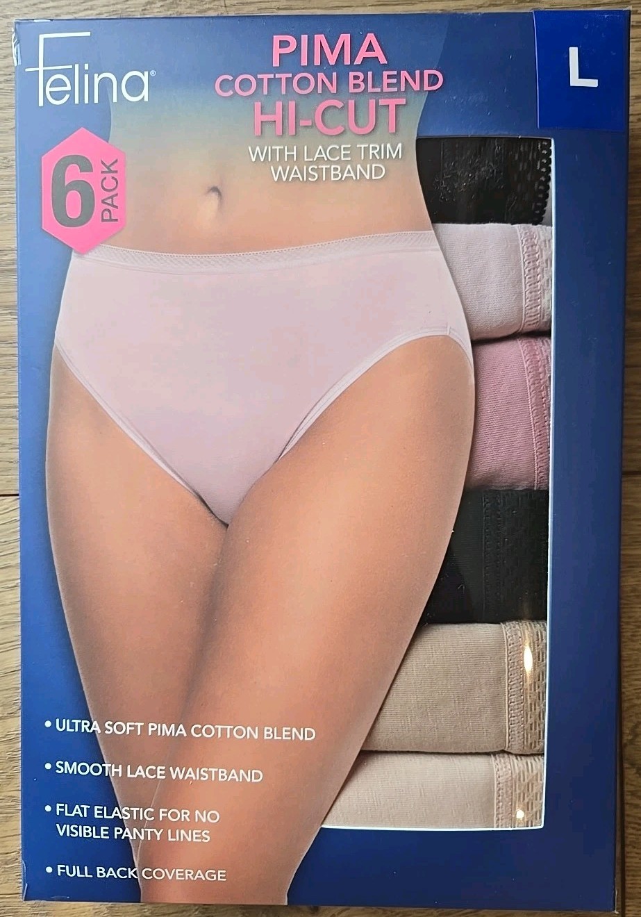 Felina Women’s 6-Pack Pima Cotton Hi-Cut with Lace Trim Panties, Multicolor, L