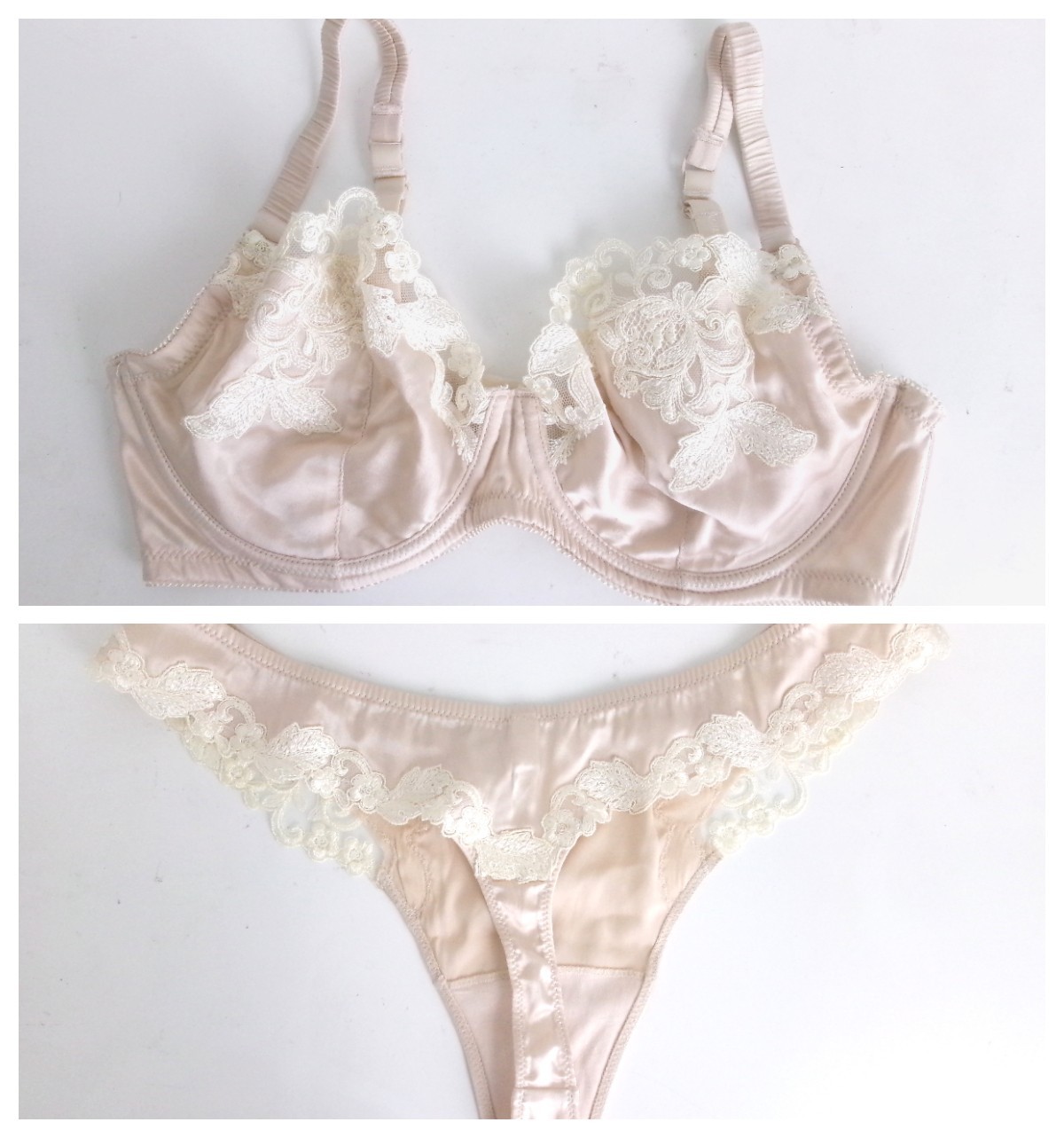 NWOT EVE’S TEMPTATION SILK UNDERWIRE FLORAL LACE BRA/PANTIES 2PC NUDE