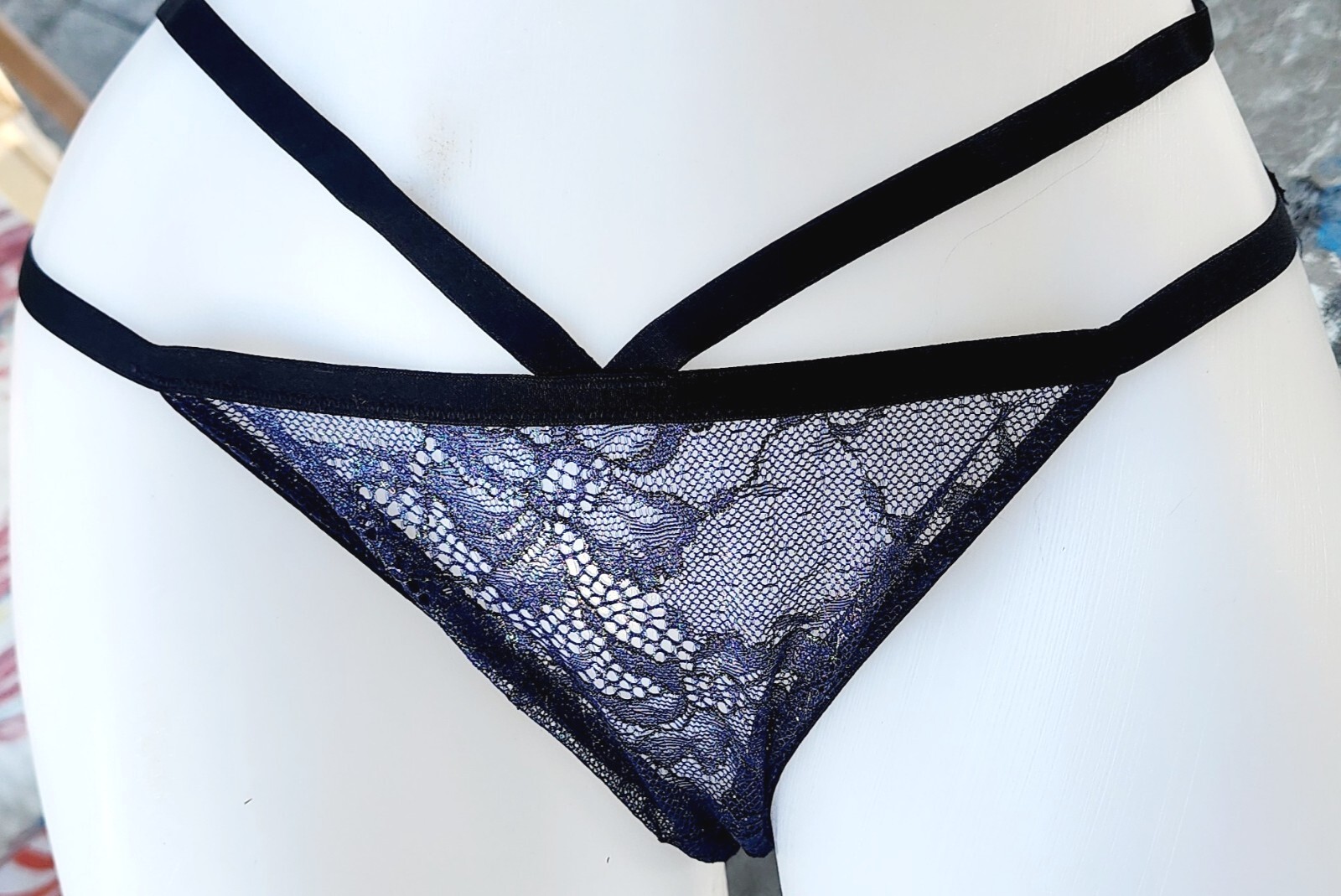 Victorias secret M Rare Vintage Navy Glitter Shine Double Strap Cheekini Panty