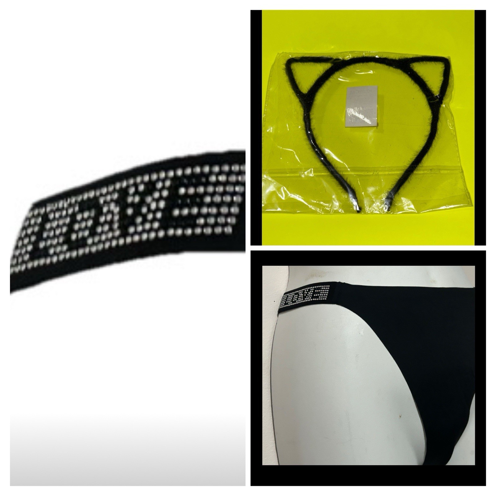 Thong Panty Black w/ Sparkling LOVE Band Woman’s Plus Size 2X / XXL & Cat Ears