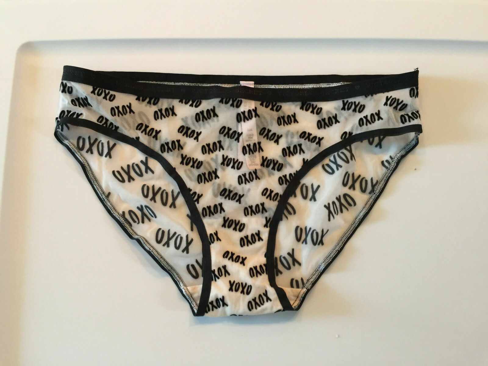 Victorias Secret XOXO LOVE Bikini Panties Size S Sexy Flirty Black Trim Sheer