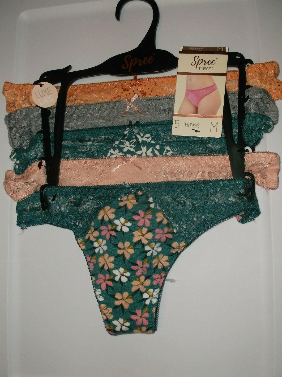 Spree 5pk lace panel thong panties M 2 floral/pink/gray/peach w/dots nwt kawaii